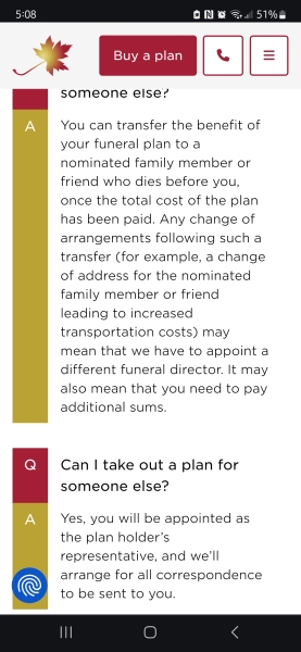 Cannot buy a funeral plan on behalf of someone else even if you are responsible for the funeral unless you have power of attorney actually activated