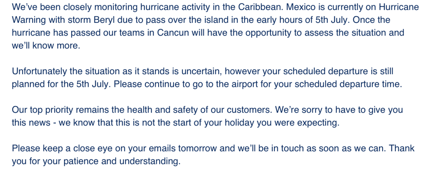 Urgent help Cancun Mexico with TUI Beryl Hurricane