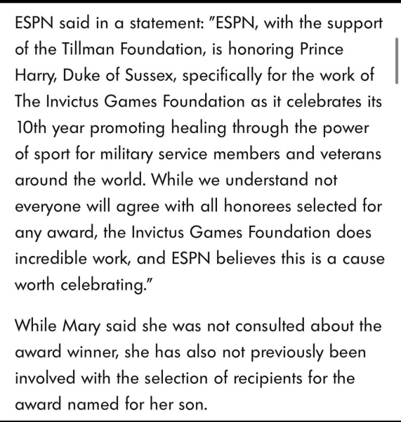 Mother of Pat Tillman has criticised the decision to give Prince Harry the memorial award at ESPY