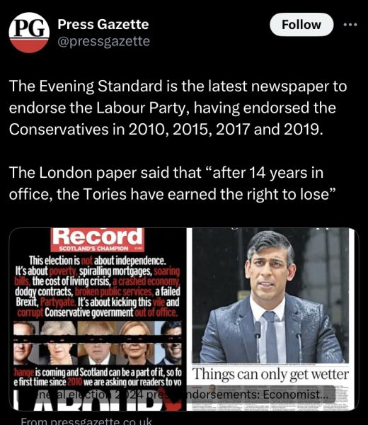 Evening Standard Has Endorsed Labour