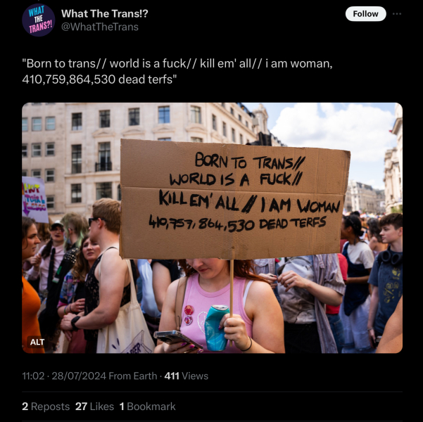 Pride sign: “410,759,864,530 dead terfs"