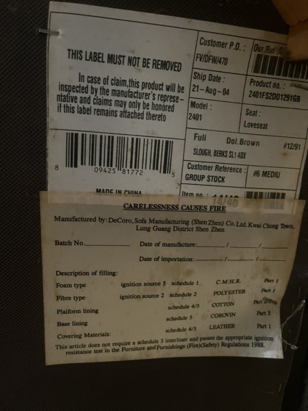 Sofa- is this a fire safety label?