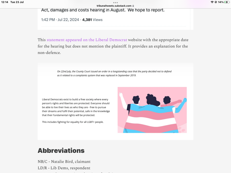 Times 'Lib Dem trans activists ‘hounded’ abuse victim (Natalie Bird)''.Article refers to Zoe O'Connell & Sarah Brown