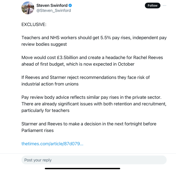 Independent pay review bodies recommend 5.5% pay rise for teachers and NHS