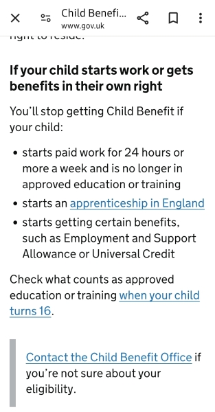 Child Benefit ending for 16yr old
