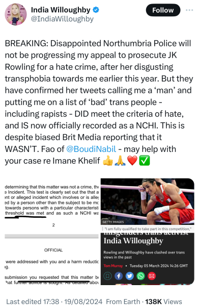 NCHI recorded against JKR (Northumbria Police)