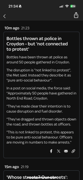 Update on "riots"  tonight from local news sites