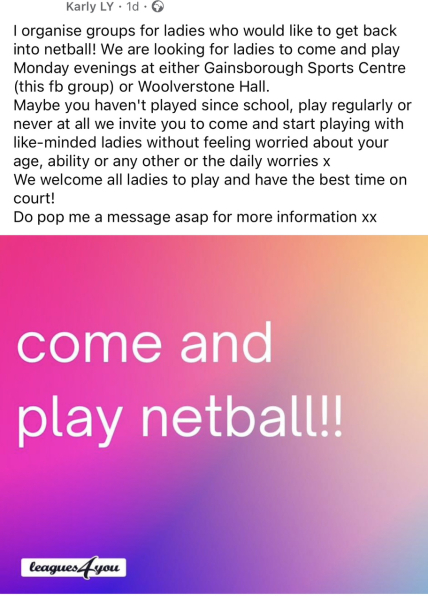 Social Netball Group requests on Facebook