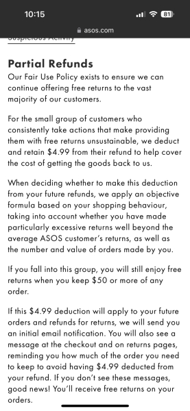 ASOS “fair use returns policy”