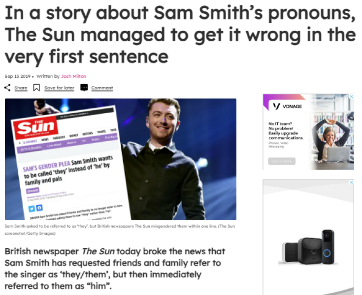Pink News misgenders Sam Smith