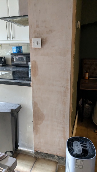 Persistent damp patches on newly plastered wall