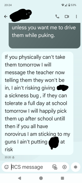 Who is BU? Kids had noro, their dad is refusing to take them to school