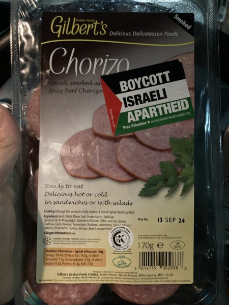 I saw a 'Boycott Israel' sticker on an item in the Kosher section in Sainsbury's