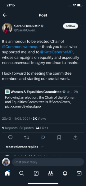 Nominations for the Women and Equalities Committee Chair close on 9 September 2024