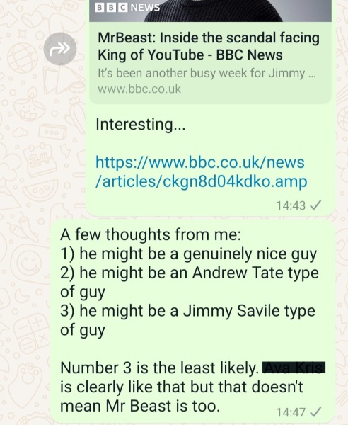 Mr Beast's trans friend Messaged 13yo