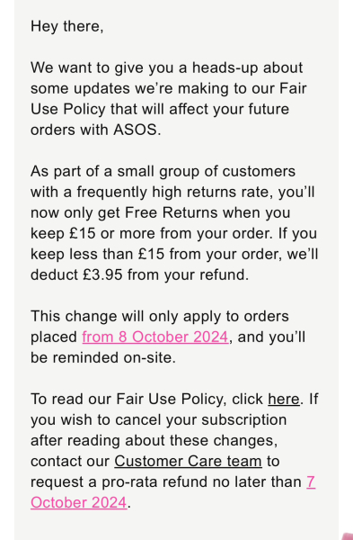 ASOS “fair use returns policy”