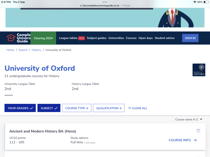 Choices for Universities offering History
