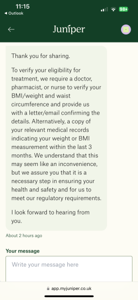 Juniper asked for GP verification of BMI