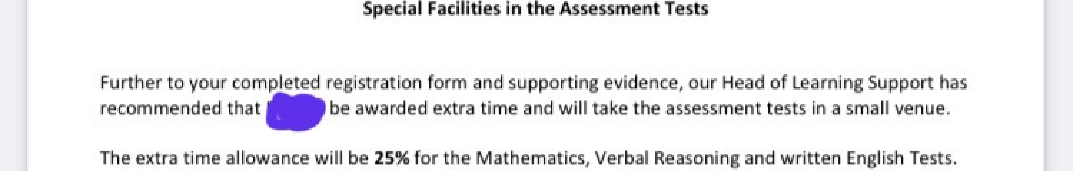 Sen 11+ application - extra time not given