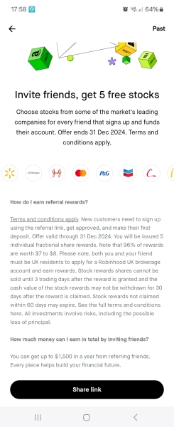 Free share (between $7 and $175 ) when you join Robihood