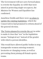 Government will not close biological sex loophole in Equality Act