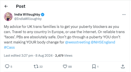 India Willoughby endorsing illegal hormones?