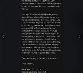 Meg Hillier Mp replies to trans concerns on puberty blockers - good news