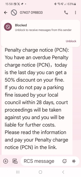 To ask if anyone else has received a scam text message about an overdue penalty charge?