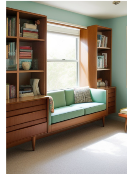 Bay window seat with storage and bookshelves