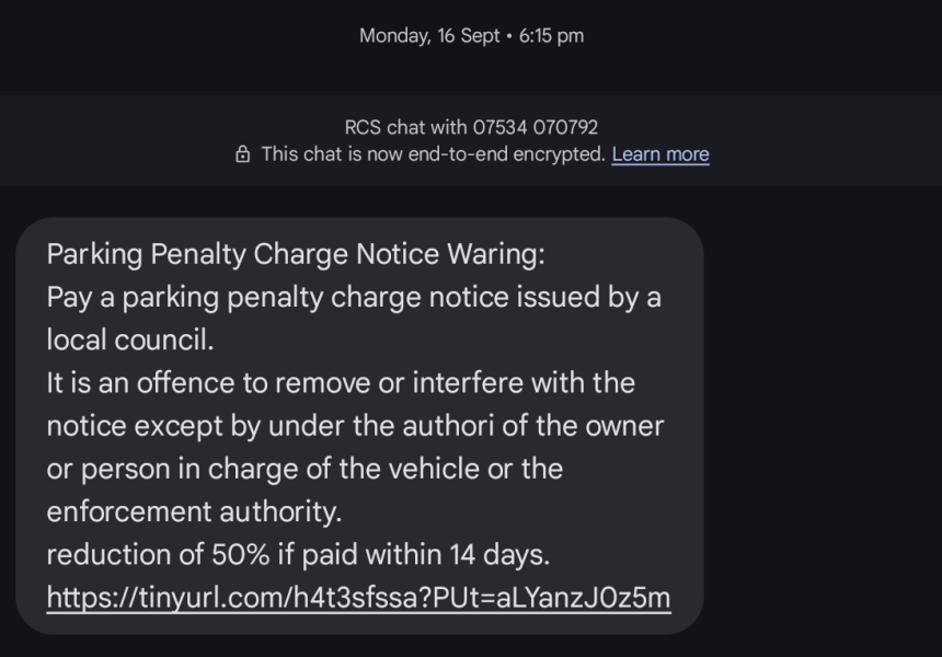 To ask if anyone else has received a scam text message about an overdue penalty charge?