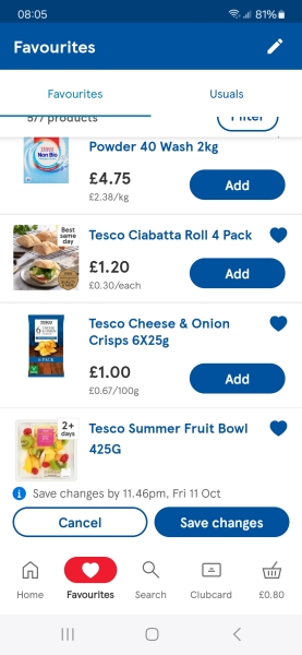 Tesco App - Favourites List