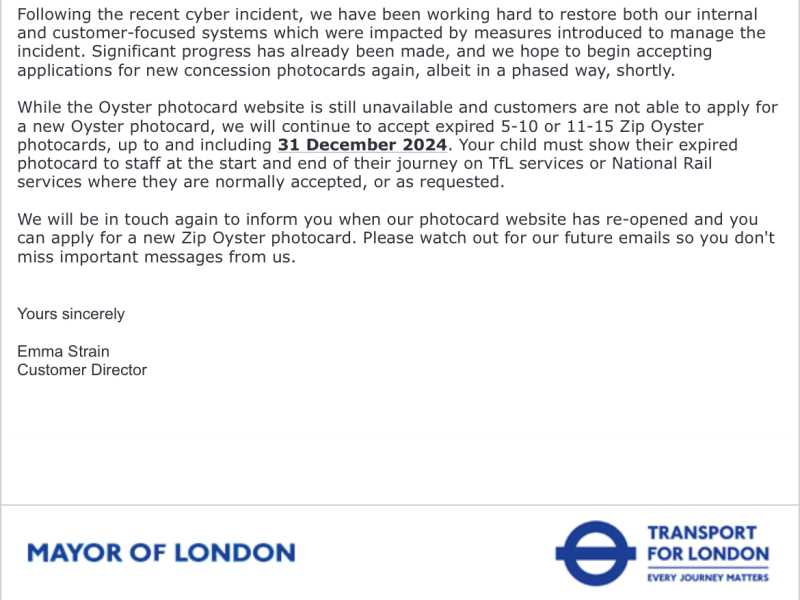 TFL under maintenance for 11-15 zip card