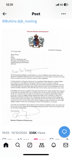 Baroness Nicholson’s letter to Butlins