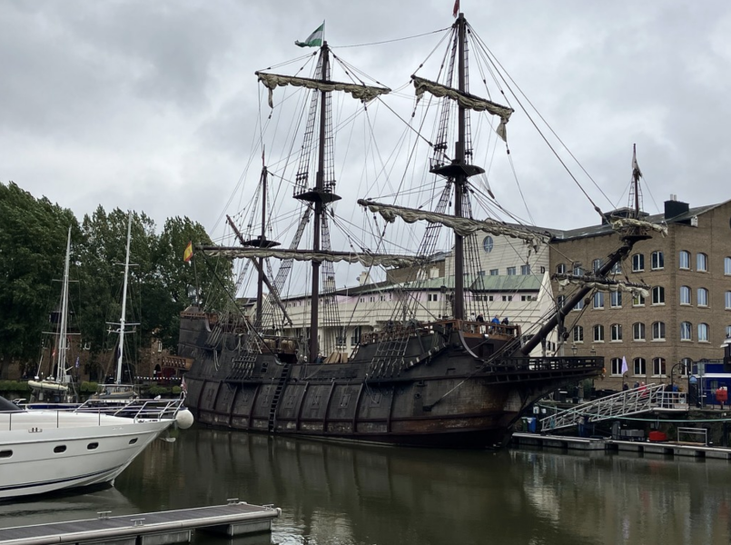 Spanish Galleon (el Galeón Andalucía, replica) moored near Tower of London until 13 Oct 2024