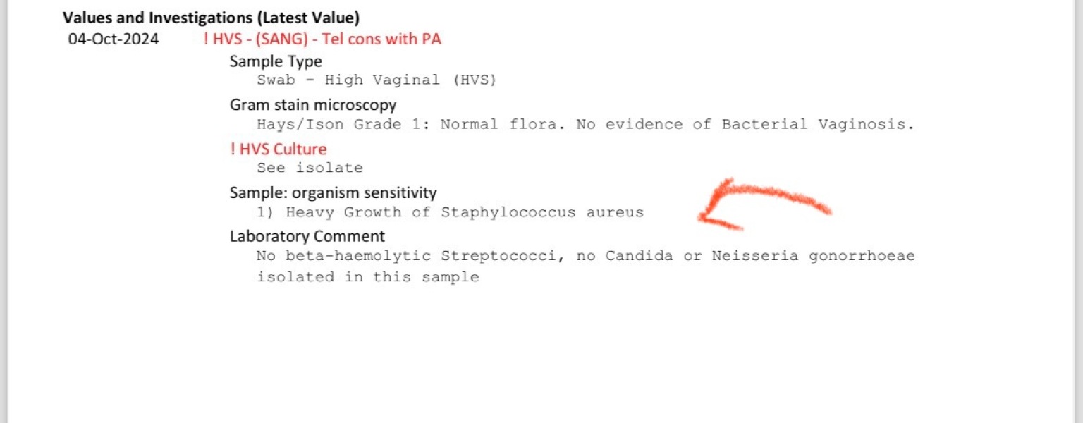 Staphylococcus aureus found in Vaginal swab