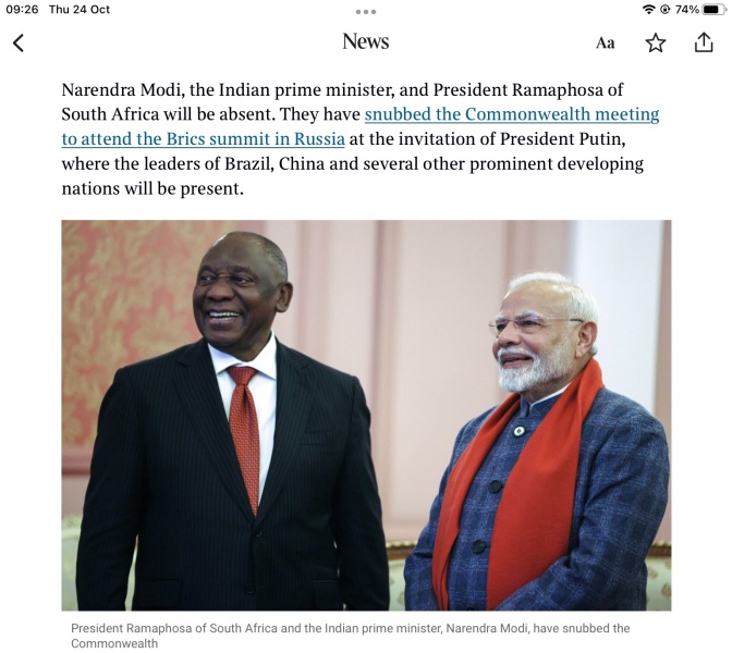 Modi and Ramaphosa choose to attend BRICS not The Commonwealth..