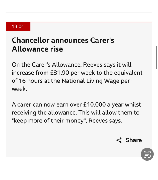 To think very few carers will benefit from the “ increase “ in carers