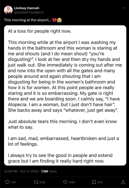 Women with alopecia harassed in woman's toilets at airport