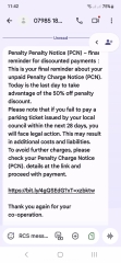 To ask if anyone else has received a scam text message about an overdue penalty charge?