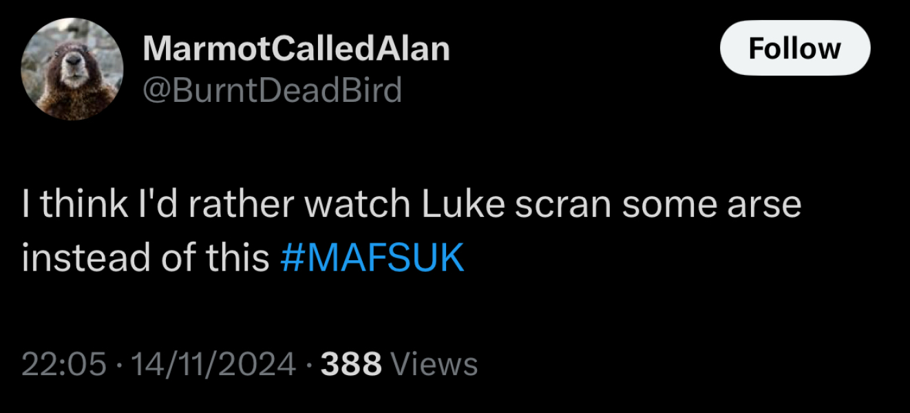 MAFS UK Thread 17 into the reunion we go with Denim flaps and narky cysts Walsall love and Ross's fists Lack of bras and static faces No two here are going places