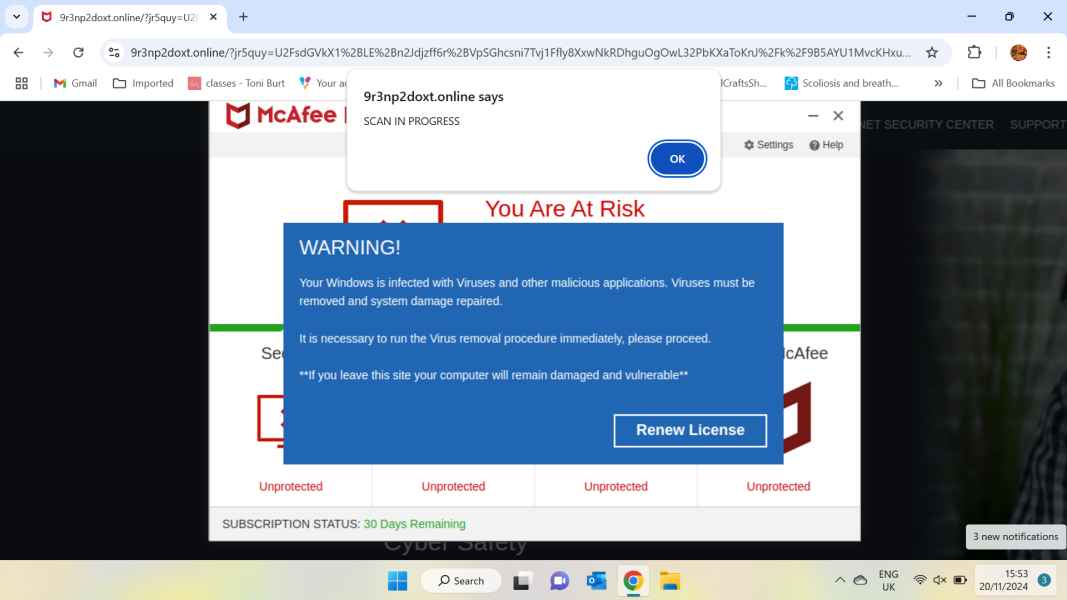 Virus scam appearing only  when on Mumsnet