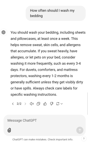 Google AI says wash your bedding at least twice a year?!