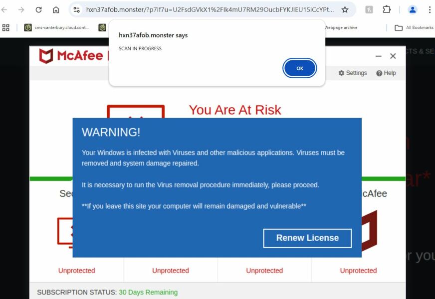 Virus scam appearing only  when on Mumsnet
