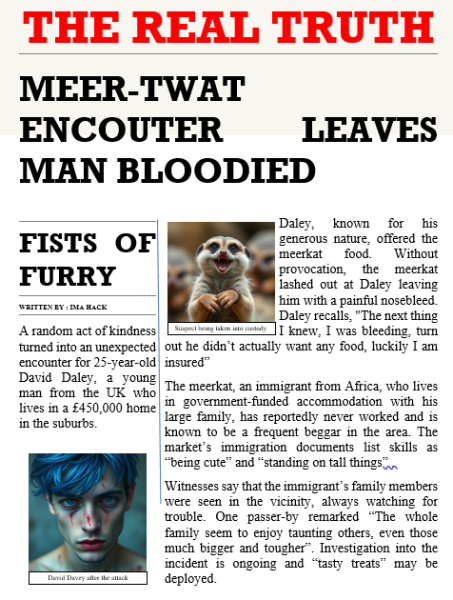 Meerkat gave my son a nosebleed, Need "daily mail" style headline , can you  help ?