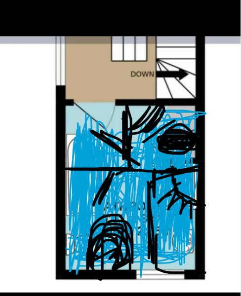 Large bathroom reconfigured to  a smaller bathroom, plus separate wc and and basin