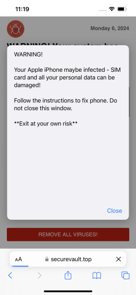 Fake pop up (SecureVault scam)