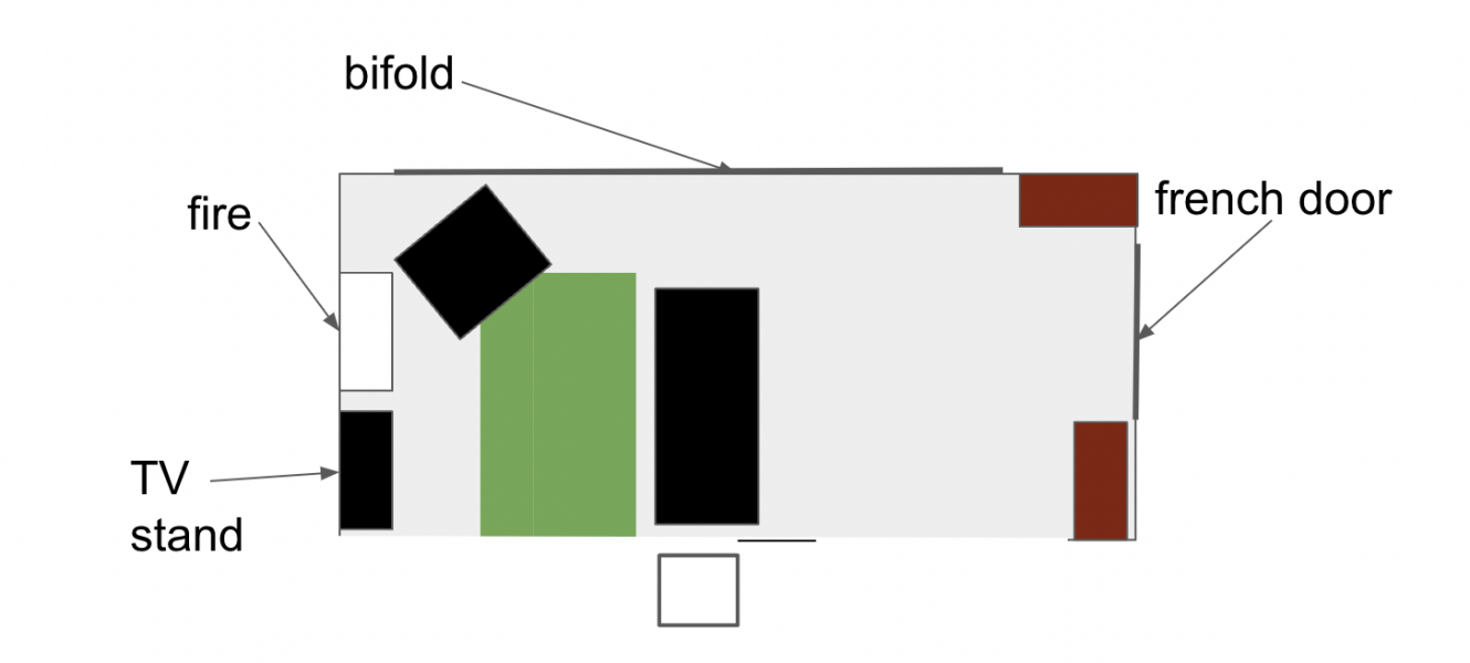 Black leather sofa and 'mallard' rug