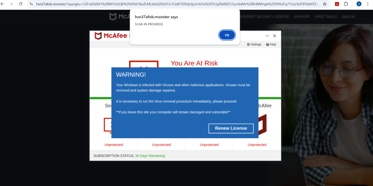 Virus scam appearing only  when on Mumsnet