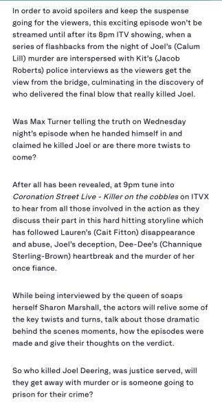 CORONATION STREET.  Starting at the second week in October 2024.  ***NO SPOILERS PLEASE.*** :)