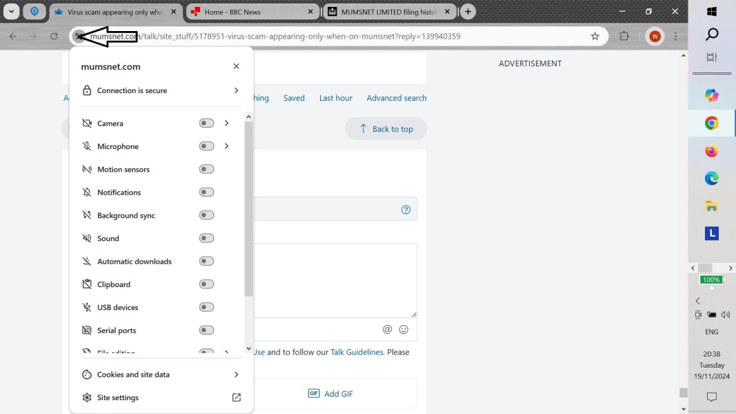 Virus scam appearing only  when on Mumsnet